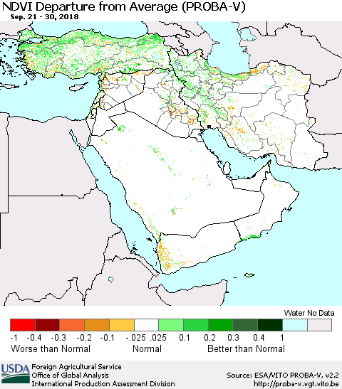 Middle East and Turkey NDVI Departure from Average (PROBA-V) Thematic Map For 9/21/2018 - 9/30/2018