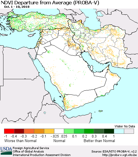 Middle East and Turkey NDVI Departure from Average (PROBA-V) Thematic Map For 10/1/2018 - 10/10/2018