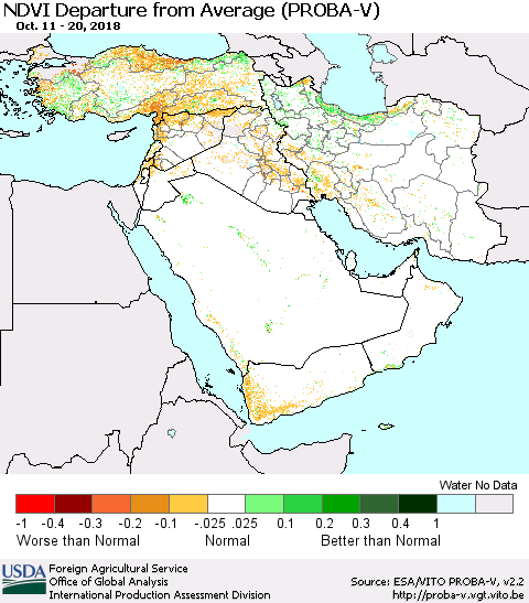 Middle East and Turkey NDVI Departure from Average (PROBA-V) Thematic Map For 10/11/2018 - 10/20/2018