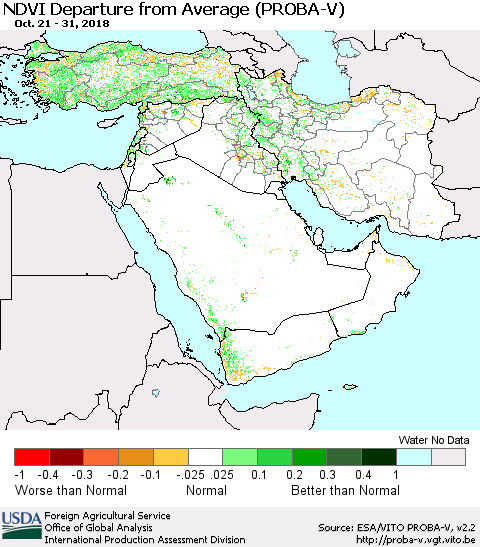 Middle East and Turkey NDVI Departure from Average (PROBA-V) Thematic Map For 10/21/2018 - 10/31/2018