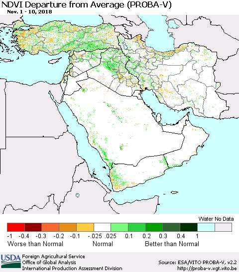 Middle East and Turkey NDVI Departure from Average (PROBA-V) Thematic Map For 11/1/2018 - 11/10/2018