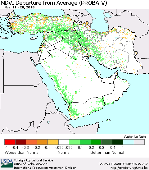 Middle East and Turkey NDVI Departure from Average (PROBA-V) Thematic Map For 11/11/2018 - 11/20/2018