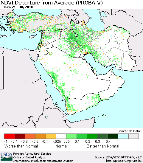 Middle East and Turkey NDVI Departure from Average (PROBA-V) Thematic Map For 11/21/2018 - 11/30/2018