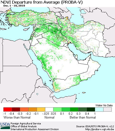 Middle East and Turkey NDVI Departure from Average (PROBA-V) Thematic Map For 12/1/2018 - 12/10/2018