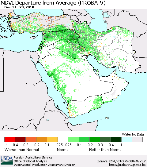 Middle East and Turkey NDVI Departure from Average (PROBA-V) Thematic Map For 12/11/2018 - 12/20/2018