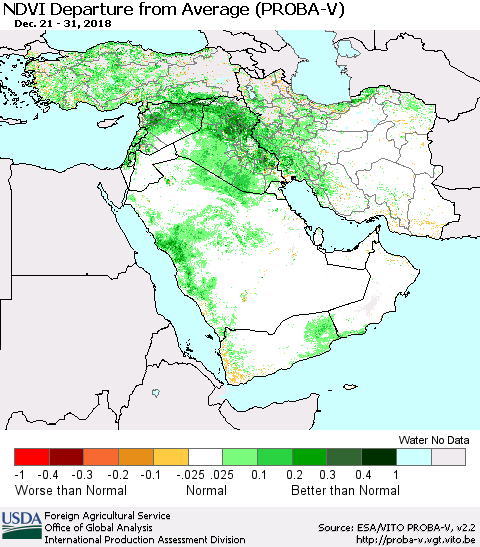 Middle East and Turkey NDVI Departure from Average (PROBA-V) Thematic Map For 12/21/2018 - 12/31/2018