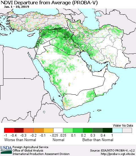 Middle East and Turkey NDVI Departure from Average (PROBA-V) Thematic Map For 1/1/2019 - 1/10/2019