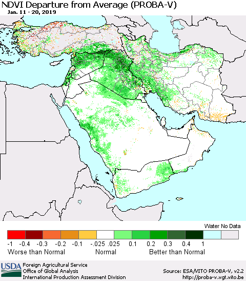 Middle East and Turkey NDVI Departure from Average (PROBA-V) Thematic Map For 1/11/2019 - 1/20/2019