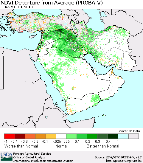 Middle East and Turkey NDVI Departure from Average (PROBA-V) Thematic Map For 1/21/2019 - 1/31/2019