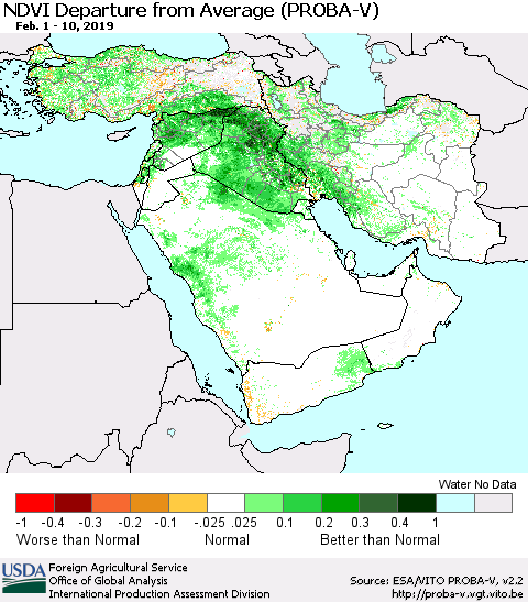 Middle East and Turkey NDVI Departure from Average (PROBA-V) Thematic Map For 2/1/2019 - 2/10/2019