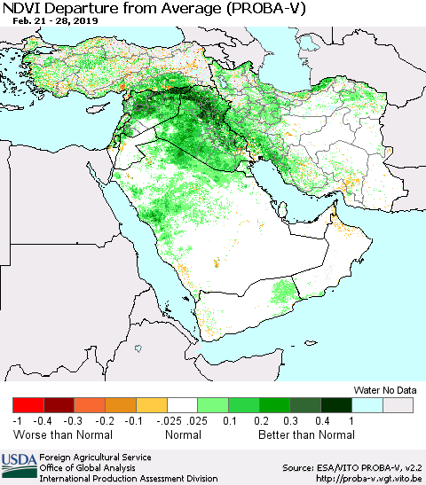 Middle East and Turkey NDVI Departure from Average (PROBA-V) Thematic Map For 2/21/2019 - 2/28/2019