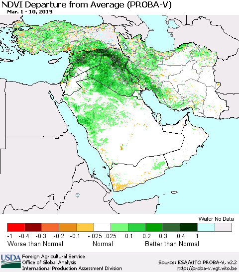 Middle East and Turkey NDVI Departure from Average (PROBA-V) Thematic Map For 3/1/2019 - 3/10/2019