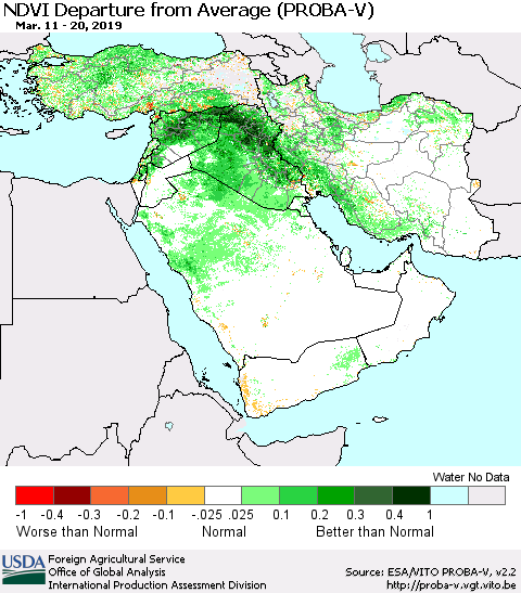 Middle East and Turkey NDVI Departure from Average (PROBA-V) Thematic Map For 3/11/2019 - 3/20/2019