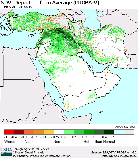 Middle East and Turkey NDVI Departure from Average (PROBA-V) Thematic Map For 3/21/2019 - 3/31/2019