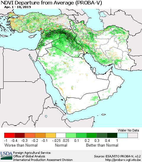 Middle East and Turkey NDVI Departure from Average (PROBA-V) Thematic Map For 4/1/2019 - 4/10/2019