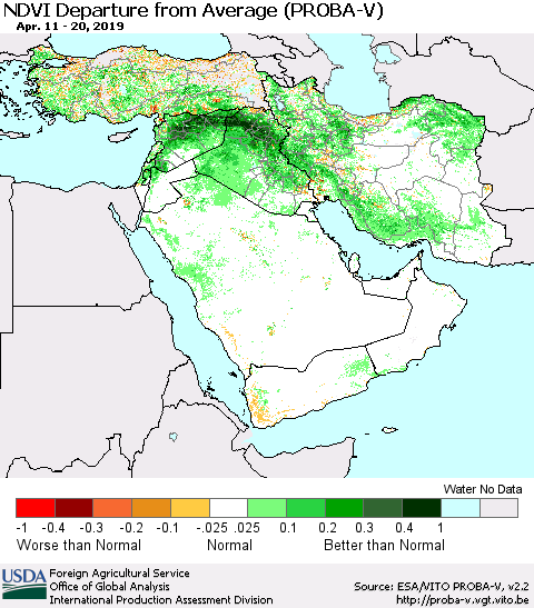 Middle East and Turkey NDVI Departure from Average (PROBA-V) Thematic Map For 4/11/2019 - 4/20/2019