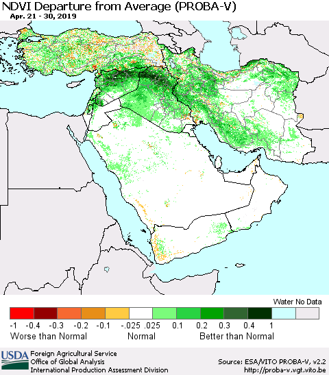 Middle East and Turkey NDVI Departure from Average (PROBA-V) Thematic Map For 4/21/2019 - 4/30/2019