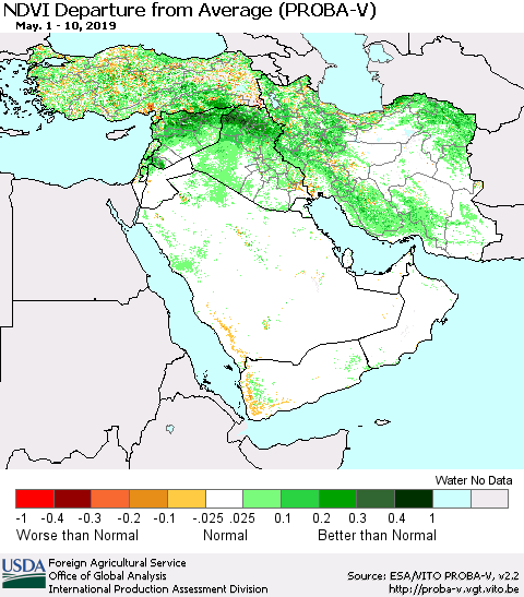 Middle East and Turkey NDVI Departure from Average (PROBA-V) Thematic Map For 5/1/2019 - 5/10/2019