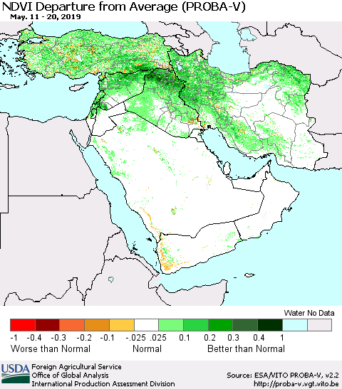 Middle East and Turkey NDVI Departure from Average (PROBA-V) Thematic Map For 5/11/2019 - 5/20/2019