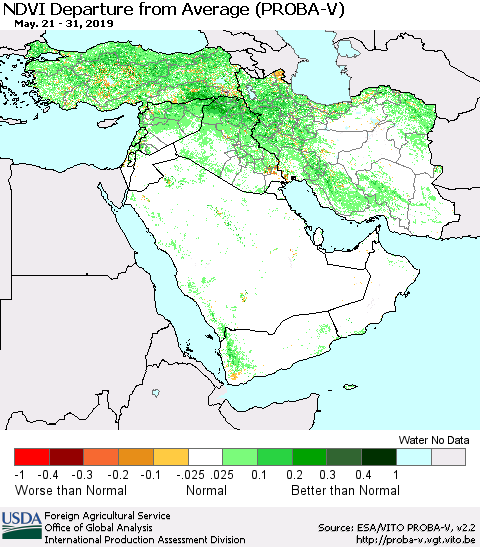 Middle East and Turkey NDVI Departure from Average (PROBA-V) Thematic Map For 5/21/2019 - 5/31/2019