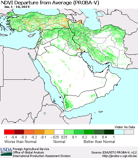 Middle East and Turkey NDVI Departure from Average (PROBA-V) Thematic Map For 6/1/2019 - 6/10/2019