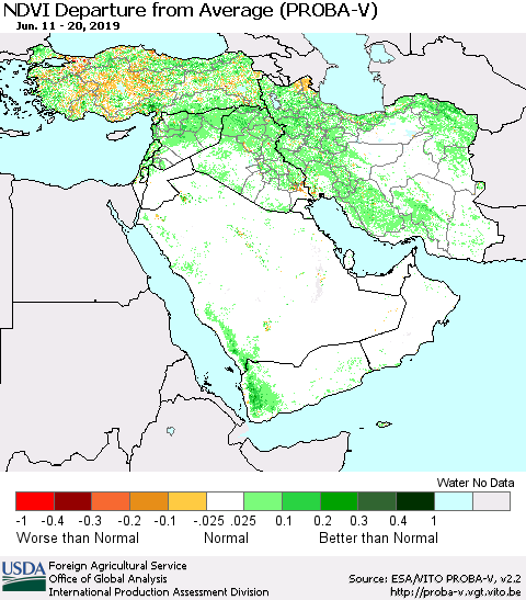 Middle East and Turkey NDVI Departure from Average (PROBA-V) Thematic Map For 6/11/2019 - 6/20/2019