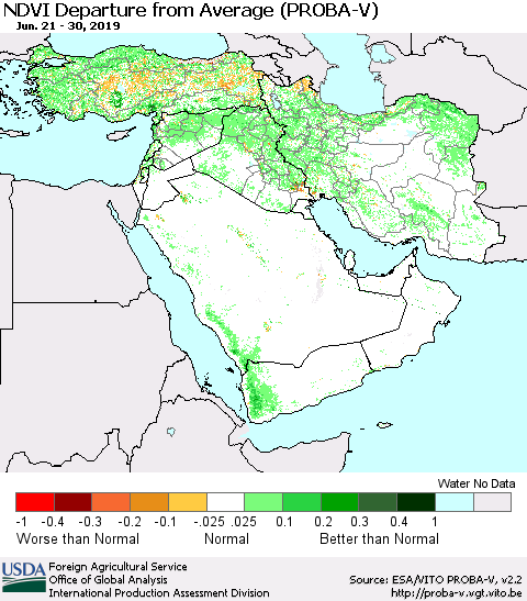 Middle East and Turkey NDVI Departure from Average (PROBA-V) Thematic Map For 6/21/2019 - 6/30/2019