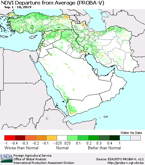 Middle East and Turkey NDVI Departure from Average (PROBA-V) Thematic Map For 9/1/2019 - 9/10/2019