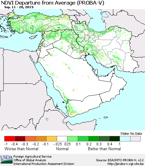 Middle East and Turkey NDVI Departure from Average (PROBA-V) Thematic Map For 9/11/2019 - 9/20/2019
