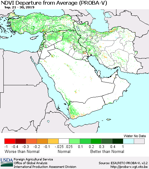 Middle East and Turkey NDVI Departure from Average (PROBA-V) Thematic Map For 9/21/2019 - 9/30/2019