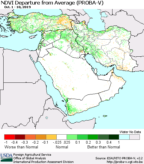 Middle East and Turkey NDVI Departure from Average (PROBA-V) Thematic Map For 10/1/2019 - 10/10/2019