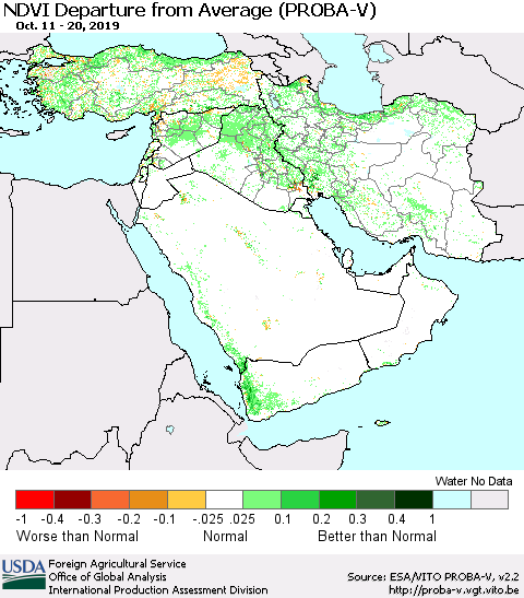 Middle East and Turkey NDVI Departure from Average (PROBA-V) Thematic Map For 10/11/2019 - 10/20/2019