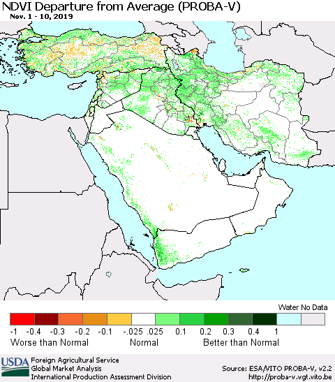 Middle East and Turkey NDVI Departure from Average (PROBA-V) Thematic Map For 11/1/2019 - 11/10/2019