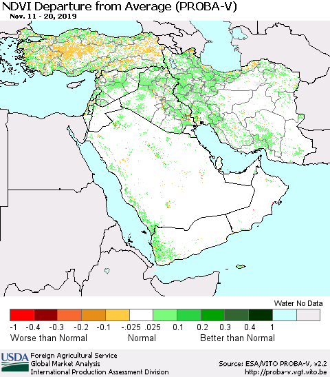 Middle East and Turkey NDVI Departure from Average (PROBA-V) Thematic Map For 11/11/2019 - 11/20/2019