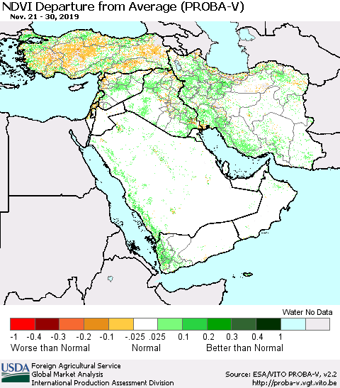 Middle East and Turkey NDVI Departure from Average (PROBA-V) Thematic Map For 11/21/2019 - 11/30/2019