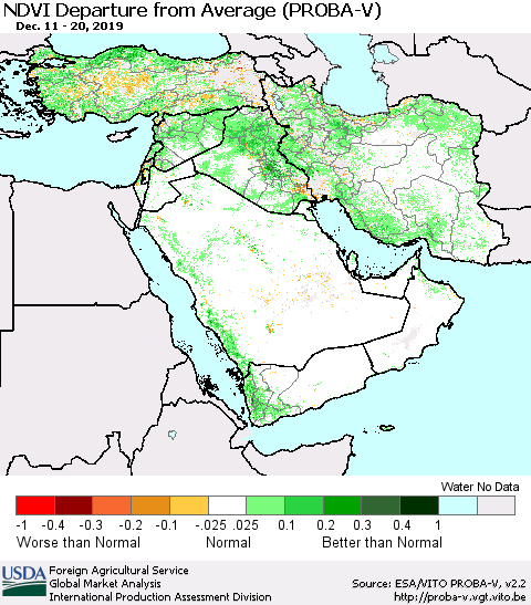 Middle East and Turkey NDVI Departure from Average (PROBA-V) Thematic Map For 12/11/2019 - 12/20/2019