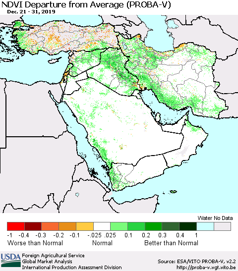Middle East and Turkey NDVI Departure from Average (PROBA-V) Thematic Map For 12/21/2019 - 12/31/2019