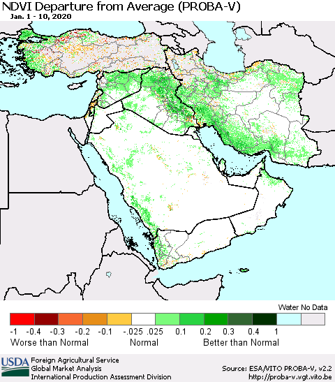Middle East and Turkey NDVI Departure from Average (PROBA-V) Thematic Map For 1/1/2020 - 1/10/2020