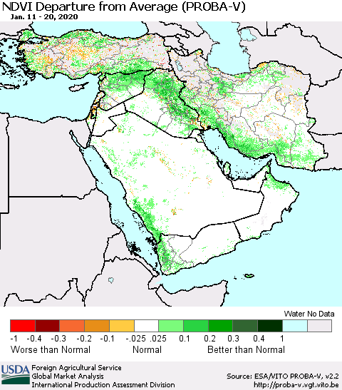 Middle East and Turkey NDVI Departure from Average (PROBA-V) Thematic Map For 1/11/2020 - 1/20/2020