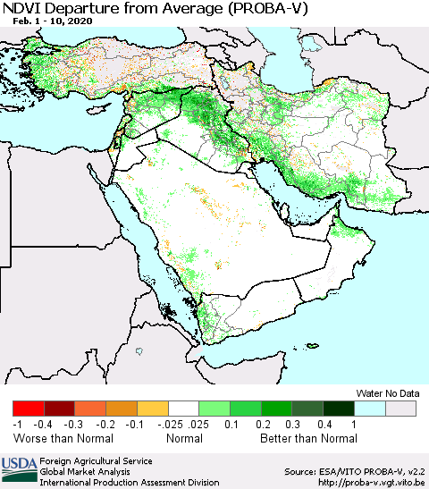 Middle East and Turkey NDVI Departure from Average (PROBA-V) Thematic Map For 2/1/2020 - 2/10/2020