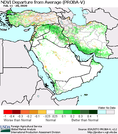 Middle East and Turkey NDVI Departure from Average (PROBA-V) Thematic Map For 2/11/2020 - 2/20/2020