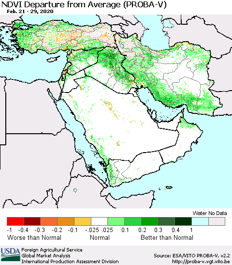 Middle East and Turkey NDVI Departure from Average (PROBA-V) Thematic Map For 2/21/2020 - 2/29/2020