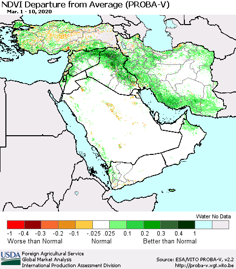 Middle East and Turkey NDVI Departure from Average (PROBA-V) Thematic Map For 3/1/2020 - 3/10/2020