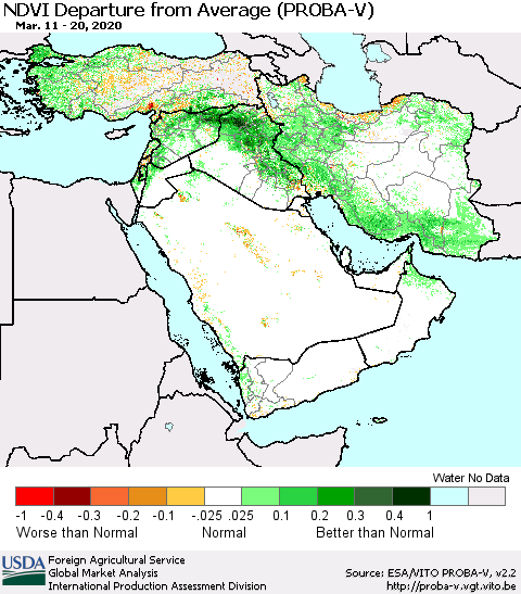 Middle East and Turkey NDVI Departure from Average (PROBA-V) Thematic Map For 3/11/2020 - 3/20/2020