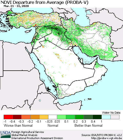 Middle East and Turkey NDVI Departure from Average (PROBA-V) Thematic Map For 3/21/2020 - 3/31/2020