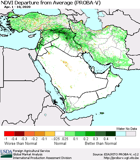 Middle East and Turkey NDVI Departure from Average (PROBA-V) Thematic Map For 4/1/2020 - 4/10/2020