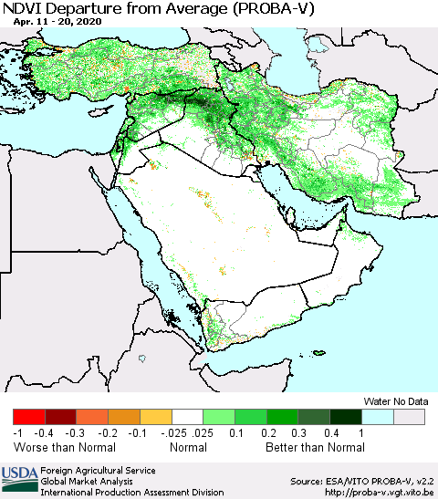Middle East and Turkey NDVI Departure from Average (PROBA-V) Thematic Map For 4/11/2020 - 4/20/2020