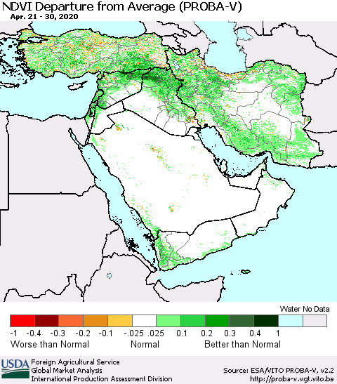 Middle East and Turkey NDVI Departure from Average (PROBA-V) Thematic Map For 4/21/2020 - 4/30/2020