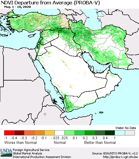 Middle East and Turkey NDVI Departure from Average (PROBA-V) Thematic Map For 5/1/2020 - 5/10/2020