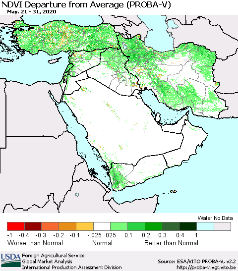 Middle East and Turkey NDVI Departure from Average (PROBA-V) Thematic Map For 5/21/2020 - 5/31/2020